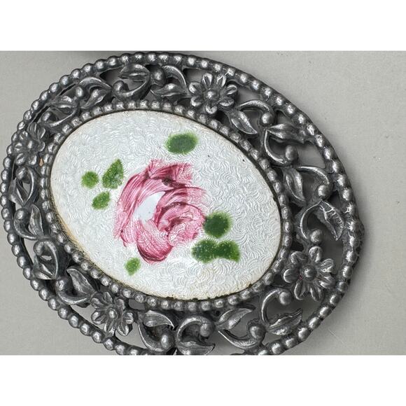 Vintage Signed Tip Toe Guilloche Enamel Hand Painted Rose Shoe Clips - Picture 4 of 10